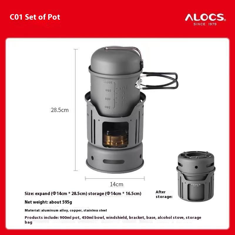 

ALOCS Кемпинговая печь мощностью 3200 Вт — ветрозащитная, с покрытием из драгоценных камней, компактная вложенная система приготовления пищи с кастрюлей и спиртовой горелкой, сертифицированная FDA для походов и рюкзаков 28.5*14mm чёрный