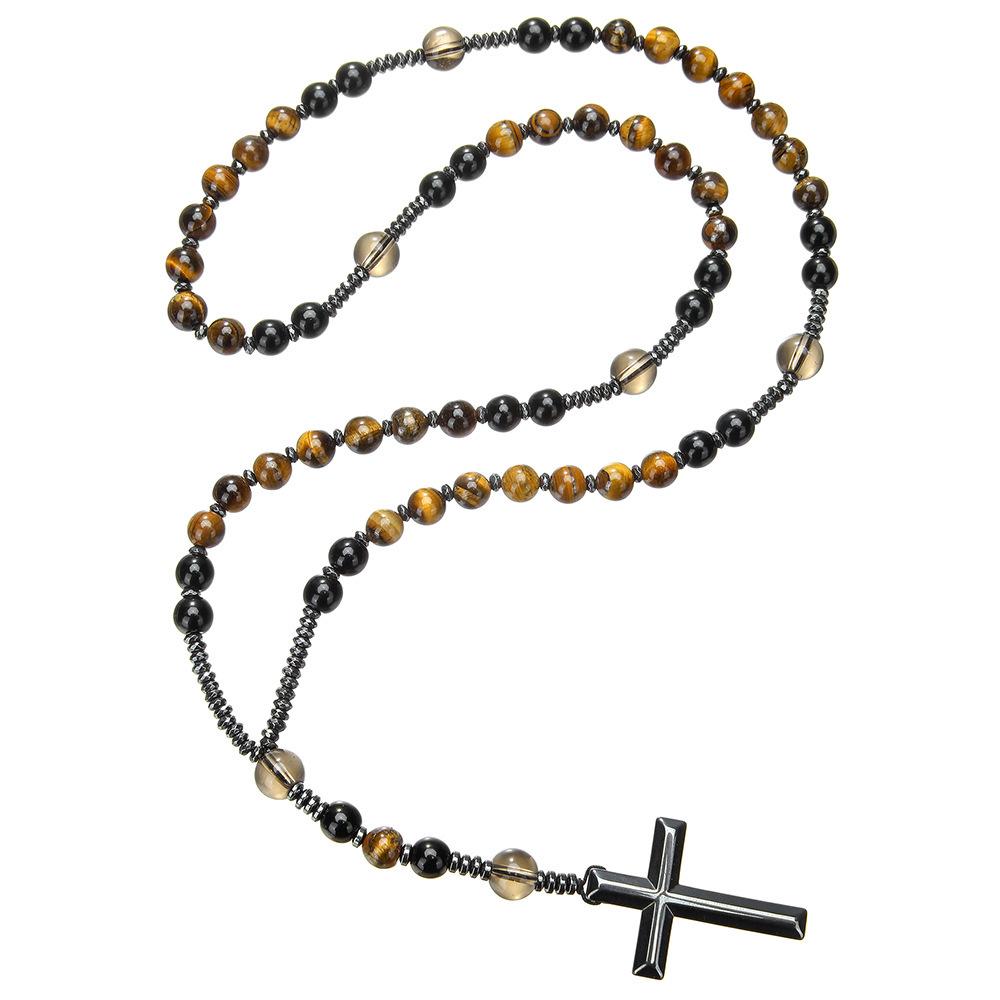 Collana Ciondolo Croce con Perle Occhio di Tigre Retro - Catena per Maglione Moda Unisex in Giallo