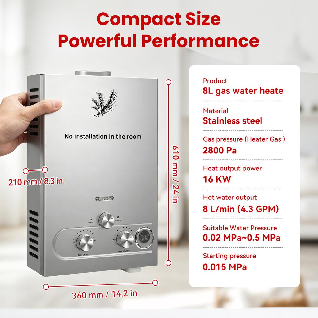 SIHAO 16KW LPG Gas Water Heater 8L/Min Stainless Steel Tankless Instant Heater
