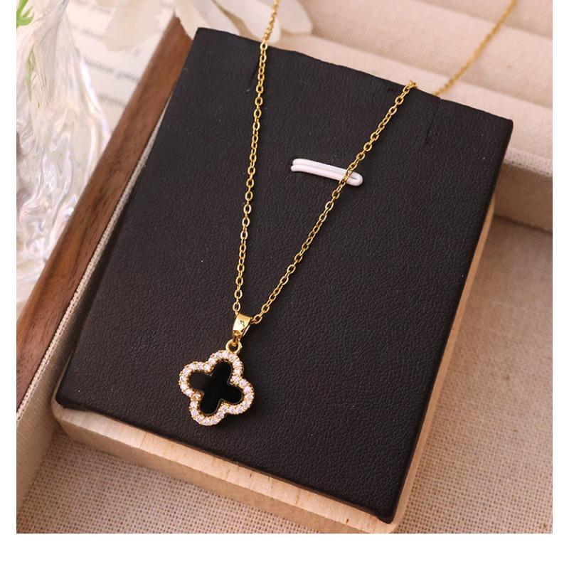 Fashion Commuter Double Sided Four Leaf Clover Zircon Pendant Clavicle Necklace For Women