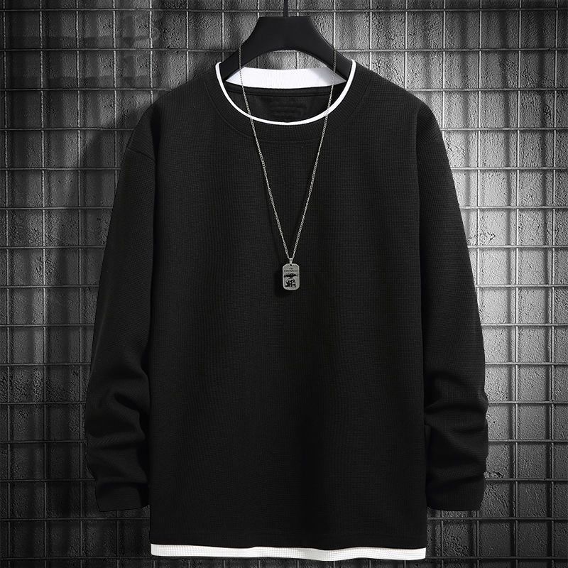 Waffle Long-sleeved T-shirt for Men's Spring Autumn Fake Two-piece Sweatshirt New Base Shirt Solid Color