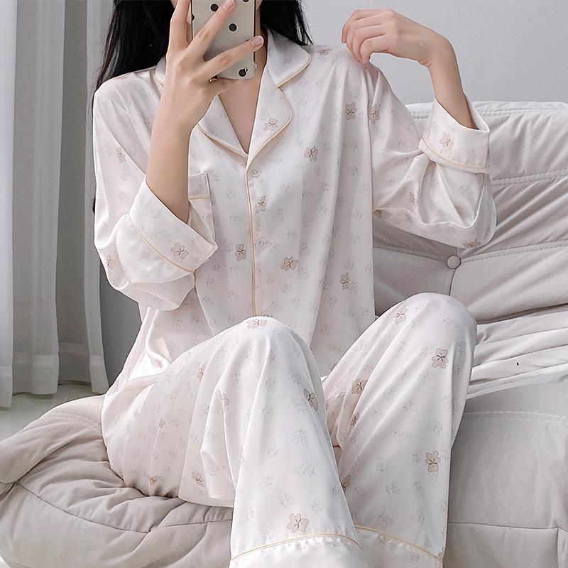 Women's Autumn/Winter Ice Silk Cartoon Pajamas, Korean-Style Sweetheart Set - Long Sleeve & Pants
