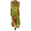 European and American style pleated neck split open back ruffle edge streamer evening dress island vacation beach skirt