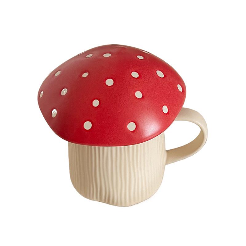 

European-style Red Mushroom Ceramic Coffee Cup with Lid Breakfast Oatmeal Milk Mug Exquisite Afternoon Tea Floral Tea Cup 350ml 350ML