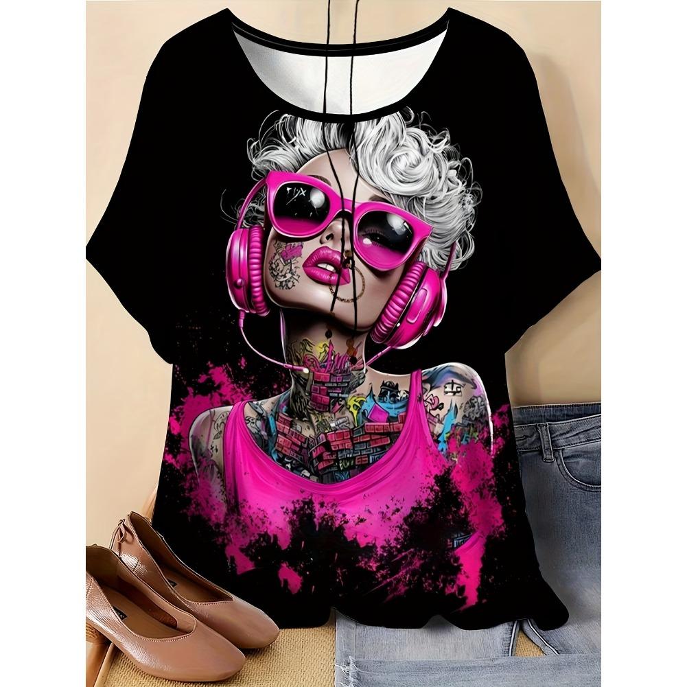 Plus Size Casual Crew Neck Short Sleeve Cartoon Animal Print T-Shirt - Soft Stretch Polyester Fabric Spring and Summer Womens Relaxed Fit Clothing