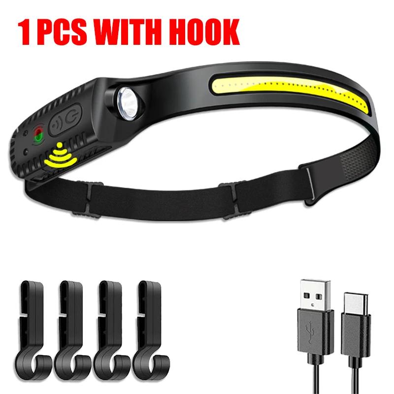 LED COB Sensor Headlamp USB Rechargeable Lamp with Built-in Battery 5 Lighting Modes Headlight Outdoor Emergency Working Lantern