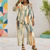 Women Plus Size Round Neck Long Sleeve Printed Layered Top Wide Leg Cropped Pants Two Piece Set