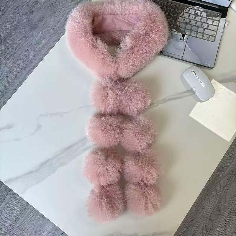 Magnetic Faux Fox Fur Scarf with Pom-Poms - Double-Sided Plush Shawl for Autumn/Winter.