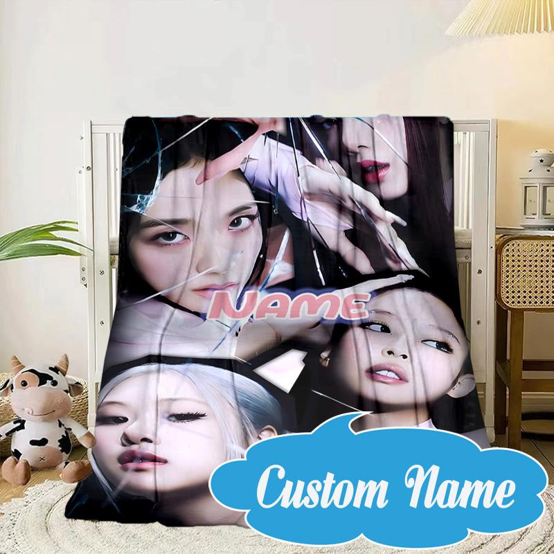 Custom Name Floral Fashion Kpop BP Blanket bed sofa Blanket Flannel Blanket for Camping, Hiking, Picnic Essentials,gift for Fan family