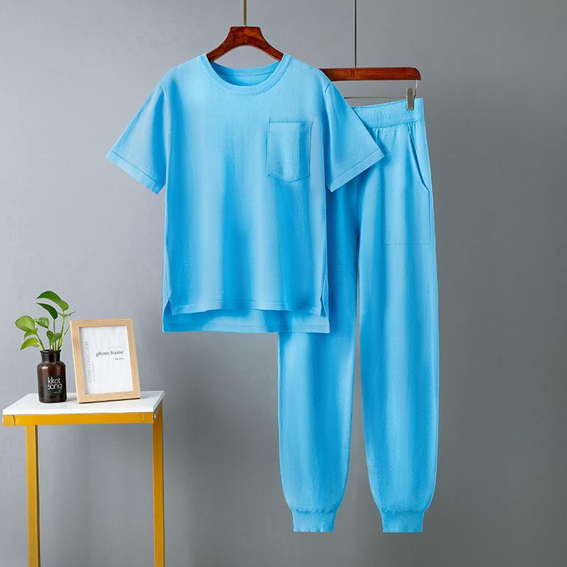 

Summer new Harlan pants short-sleeved solid color two-piece set large size women s casual fashion suit One Size аква голубой