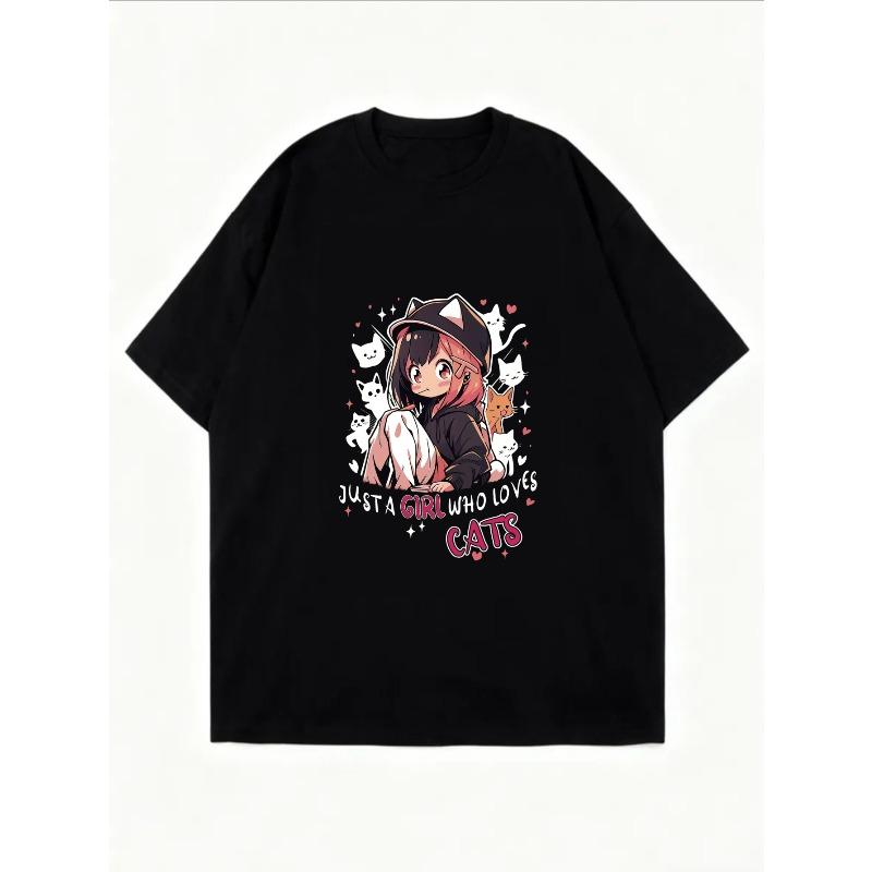 Bílé Nadměrné Tričko s Potiskem Anime Dívky a Koček Text Just A Girl Who Loves Cats Pro Neformální Nošení