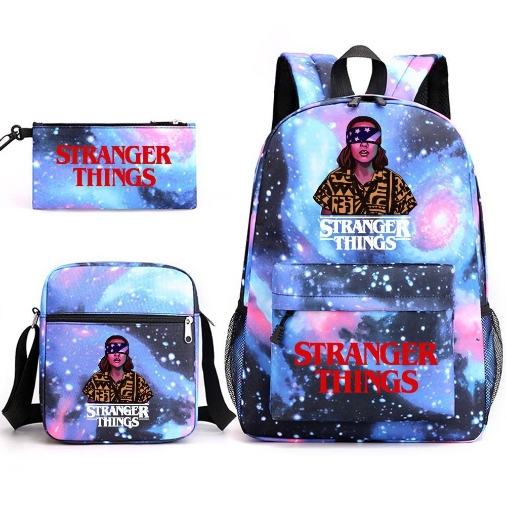 Stranger Things Three-Piece School Bag Cartoon Printed Canvas Shoulder Student Leisure Bag Three-piece set