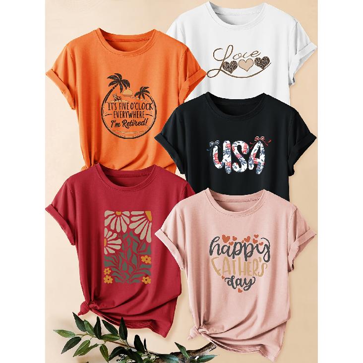 Five-piece set of women's short-sleeve shirts with letter and plant prints happy father day Coconut Tree Abstract Floral Print Round Neck Summer