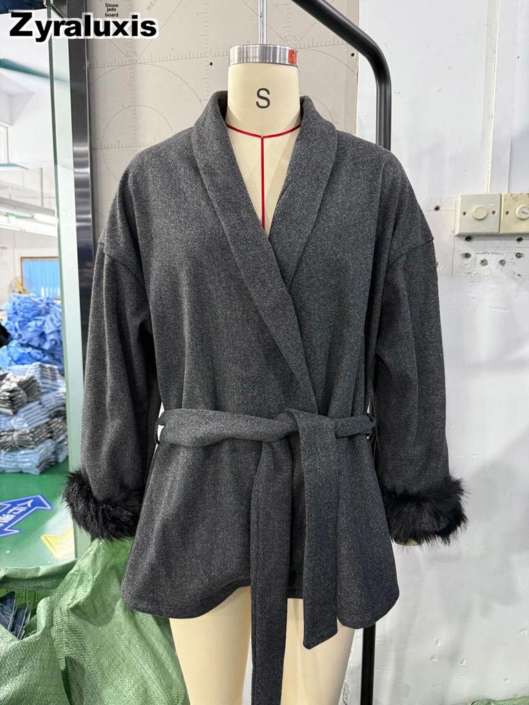 Fall French Wool Coat Short Jacket Women Fluffy Sleeve V-Neck Tie Waist Solid Color