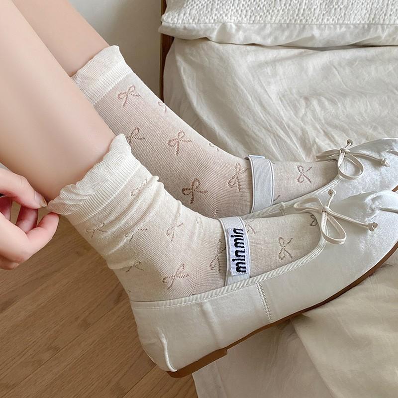 Lace Bubble Mouth Socks Pure Cotton Boneless Pile Socks Spring And Autumn Thin Cute Sweet Bow Tube Socks