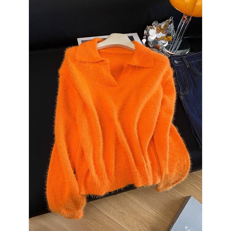 

Warm orange orange polo lapel soft waxy pullover lazy wind knitted sweater XL