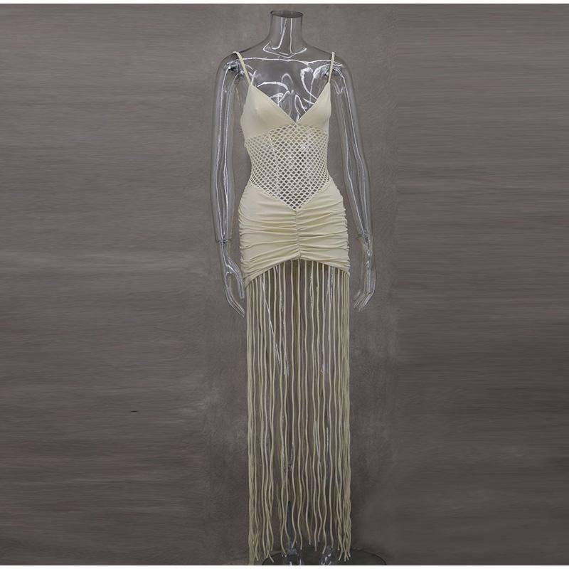 Hollow Out See-through Long Dress Women Holiday Tassels High Waist Sleeveless Strap Dresses Female Backless Evening Club  Robe