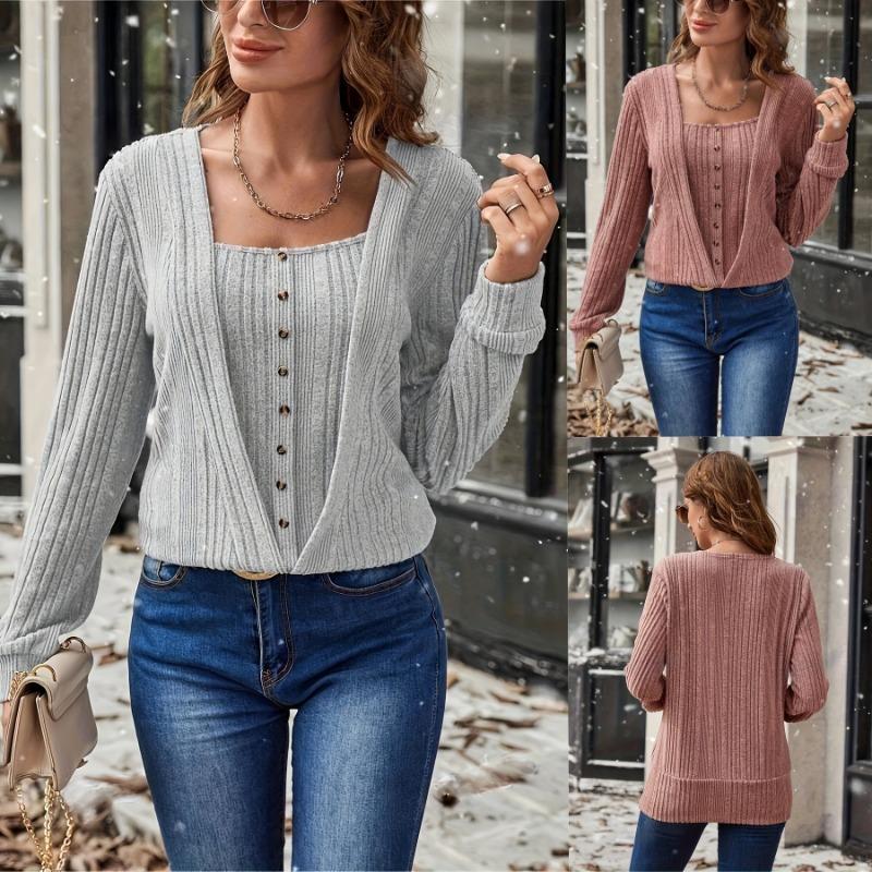 Women S Casual Loose Long Sleeve Solid Square Neck T Shirt