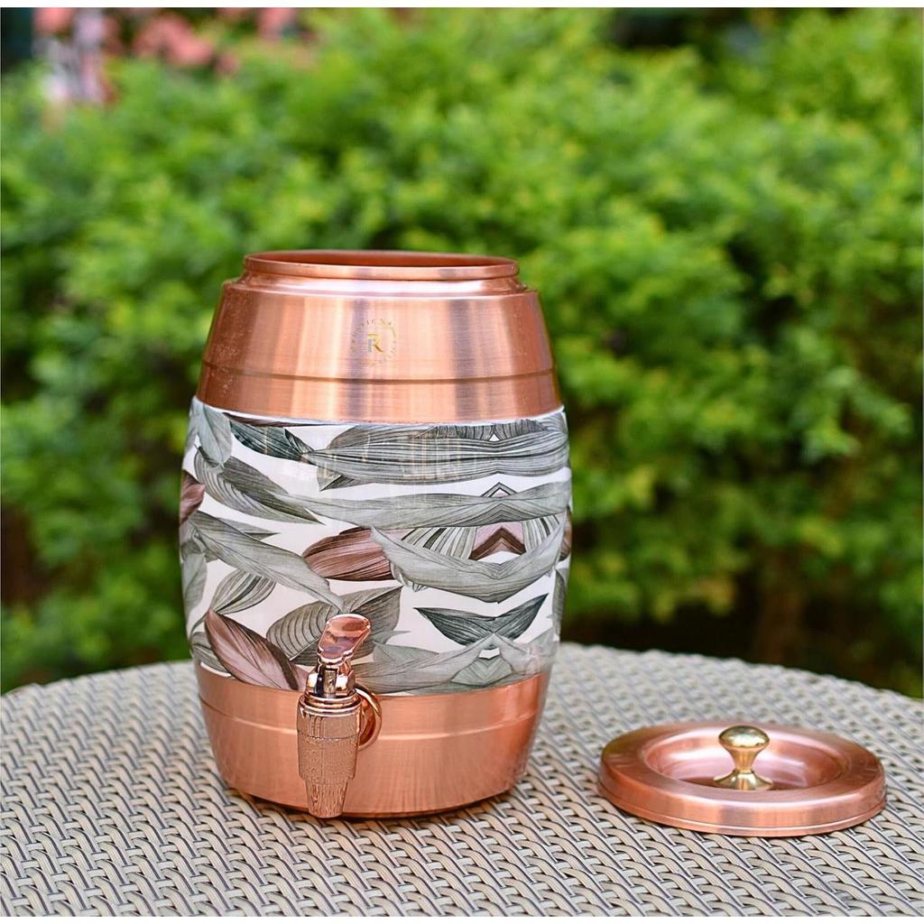 Pure Copper Water Matka - 5L | with Beautiful  Print | Copper Water Storage Dispenser with Ayurvedic Health Beneifts | for Home and Offices Purpose