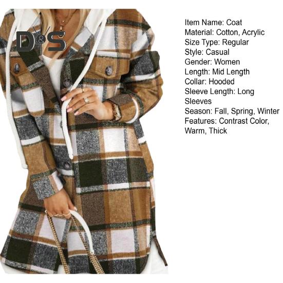 Women Fall Winter Sweater Coat Hooded Drawstring Twisted Pattern Contrast Color Thick Knitted Solid Color Long Sleeve Mid Length Pockets Split Hem