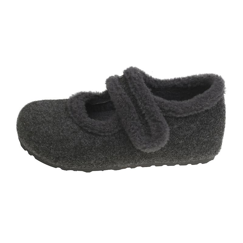 Autumn Winter Warm Cotton Grey Women Flats Comfort Round Toe Soft Sole Shoes Outdoor Short Plush Mary Jane Shoes