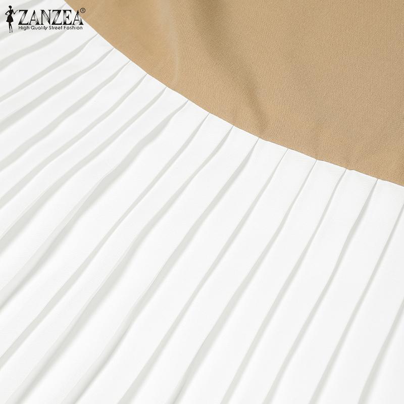 ZANZEA Women Casual Round Neck Sleeveless Pleated Patchwork Dress