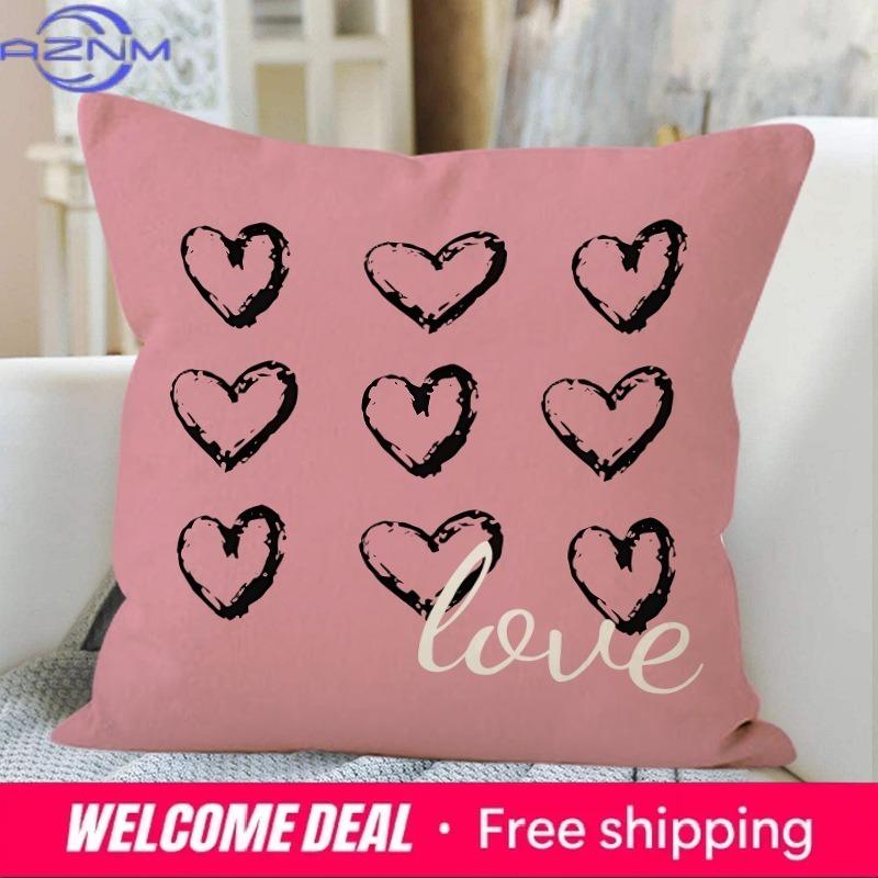 Valentine'S Day Pink Heart Print Home Decor Pillowcase Bedroom Living Room Sofa Decoration Polyester Cushion Cover With Zipper