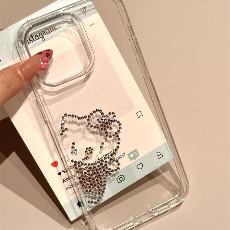 Cute Kt Cat Three-Dimensional Rhinestone Mobile Phone Case For Iphone16Promax Transparent Apple 15 Sweet And Light Luxury 17