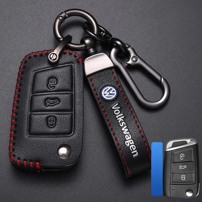 Valve Stems Caps For VOLKSWAGEN VW Leather Car Remote Key Case Cover Protection Holder Shell Fob For VW Volkswagen Golf 7 MK7 Ti RC6