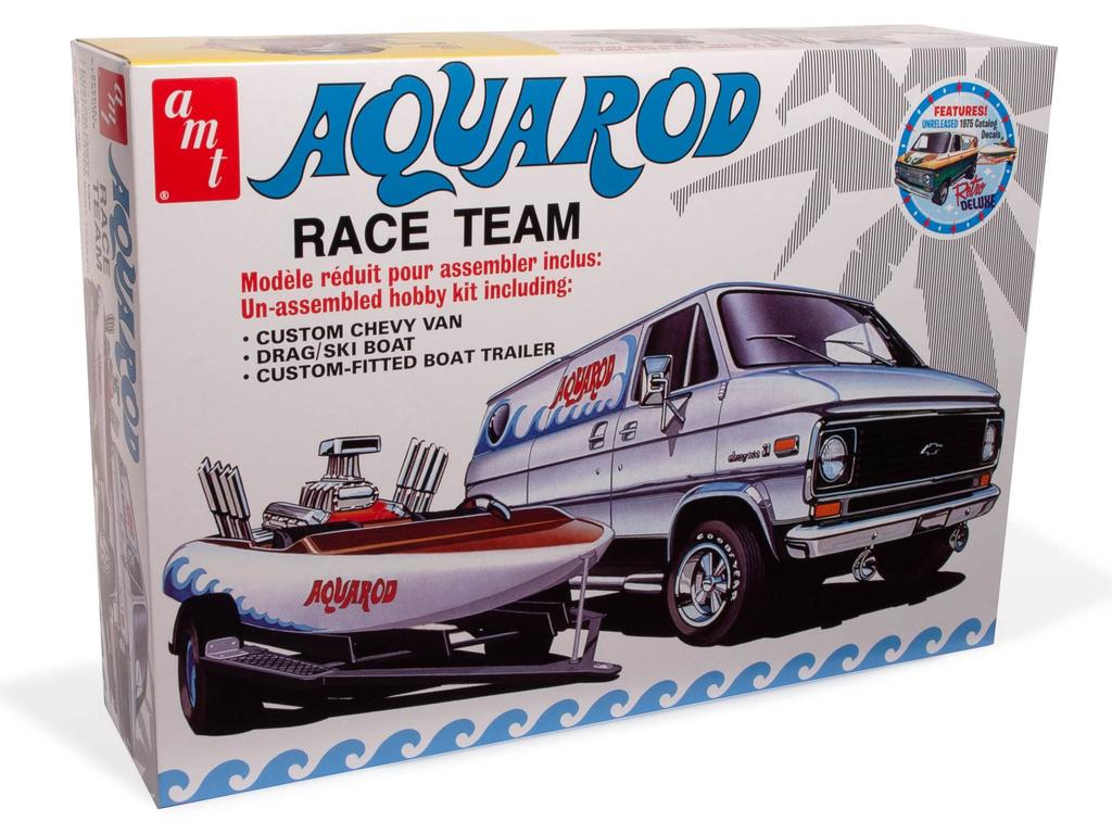 AMT Scale 1975 Chevy Van Aqualod Race Team with Race Boat Plastic Model Color 1/25 & Trailer, Kit, AMT1338, Pre-Molded