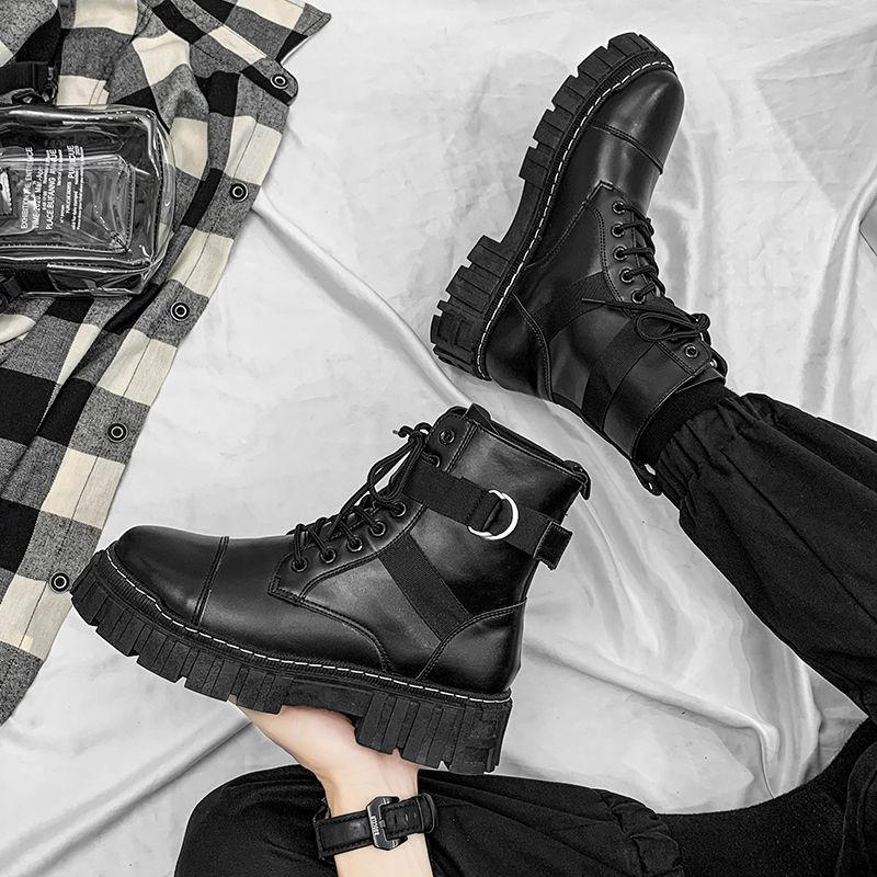 Vysoké motocyklové pracovní boty Středně vysoké kožené boty Zimní zateplené Podzimní boty Jednobarevné Pánské Vodotěsné Britský styl