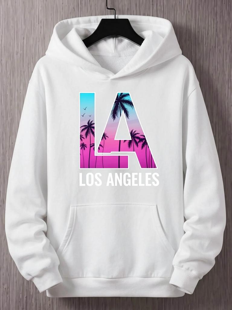 Men LA Los Angeles Sports Hoodie Gradient Palm Tree Sunset Print Black Oversized Pullover Streetwear Sweatshirt Autumn Winter