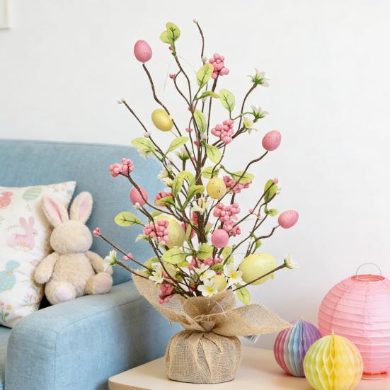 Pre-lit Easter Egg Tree with Burlap Base Battery Powered Easter Birch Tree with LED Light Tabletop Centerpiece for Home Table Spring Party Decoration