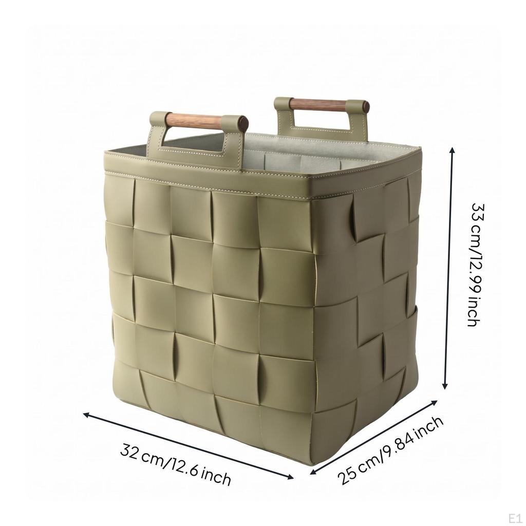 Woven Leather Basket Rigid Structure Laundry Hamper Wooden Handles OpenTop for Closet Light