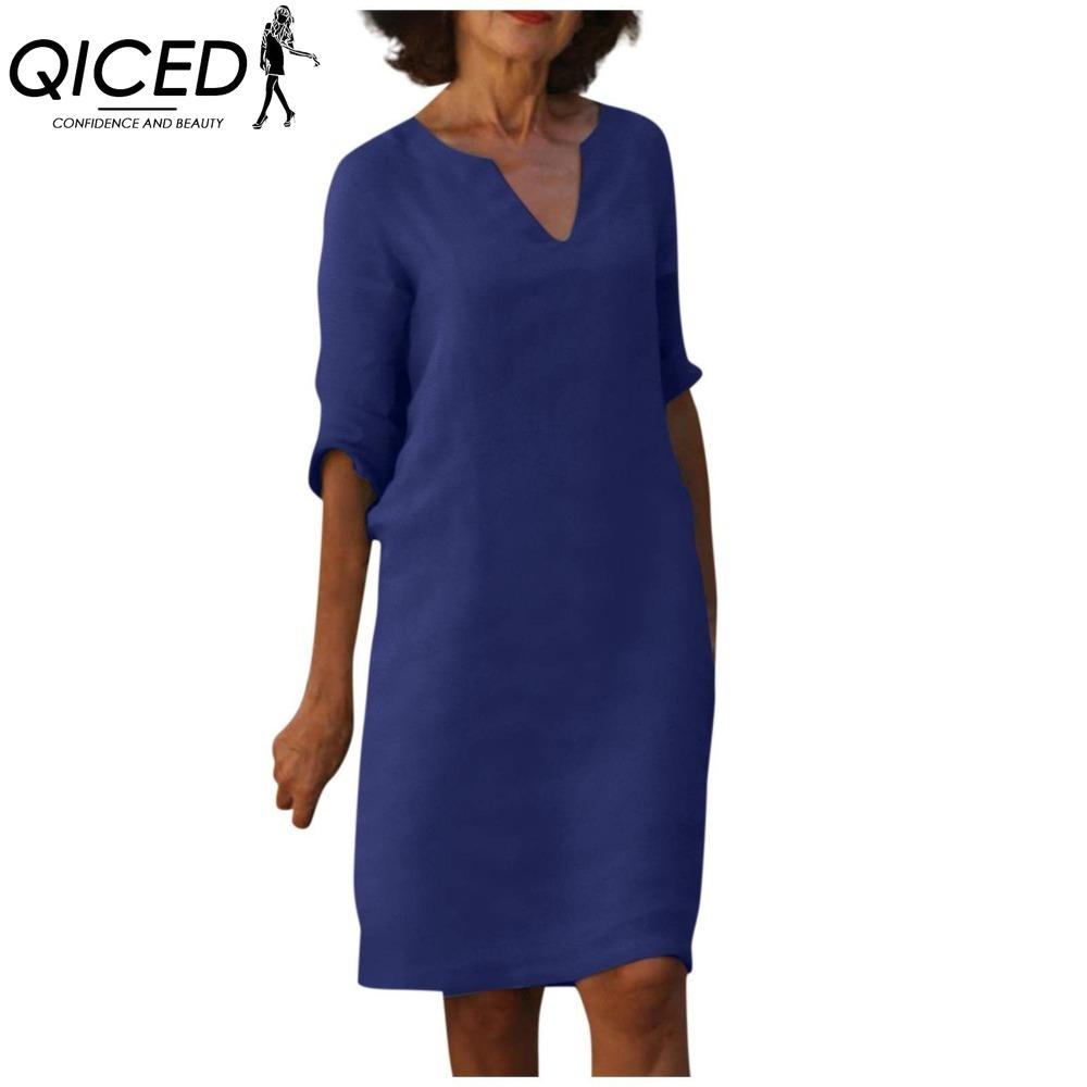 QICED Women Summer Solid Color Cotton Linen Retro V-Neck Short Sleeve Dress Lightweight Breathable Dress