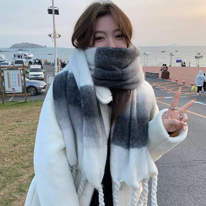 Korean Style Imitation Cashmere Plaid Scarf - Women's Warm, Thick, and Versatile Neck Warmer for Fall and Winter.