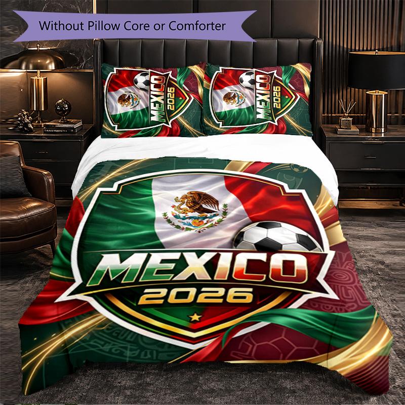 Mexico Footbal Pattern 3 Pieces Bedding Set Soft Microfiber Duvet Cover with Pillow Cases for Bedroom