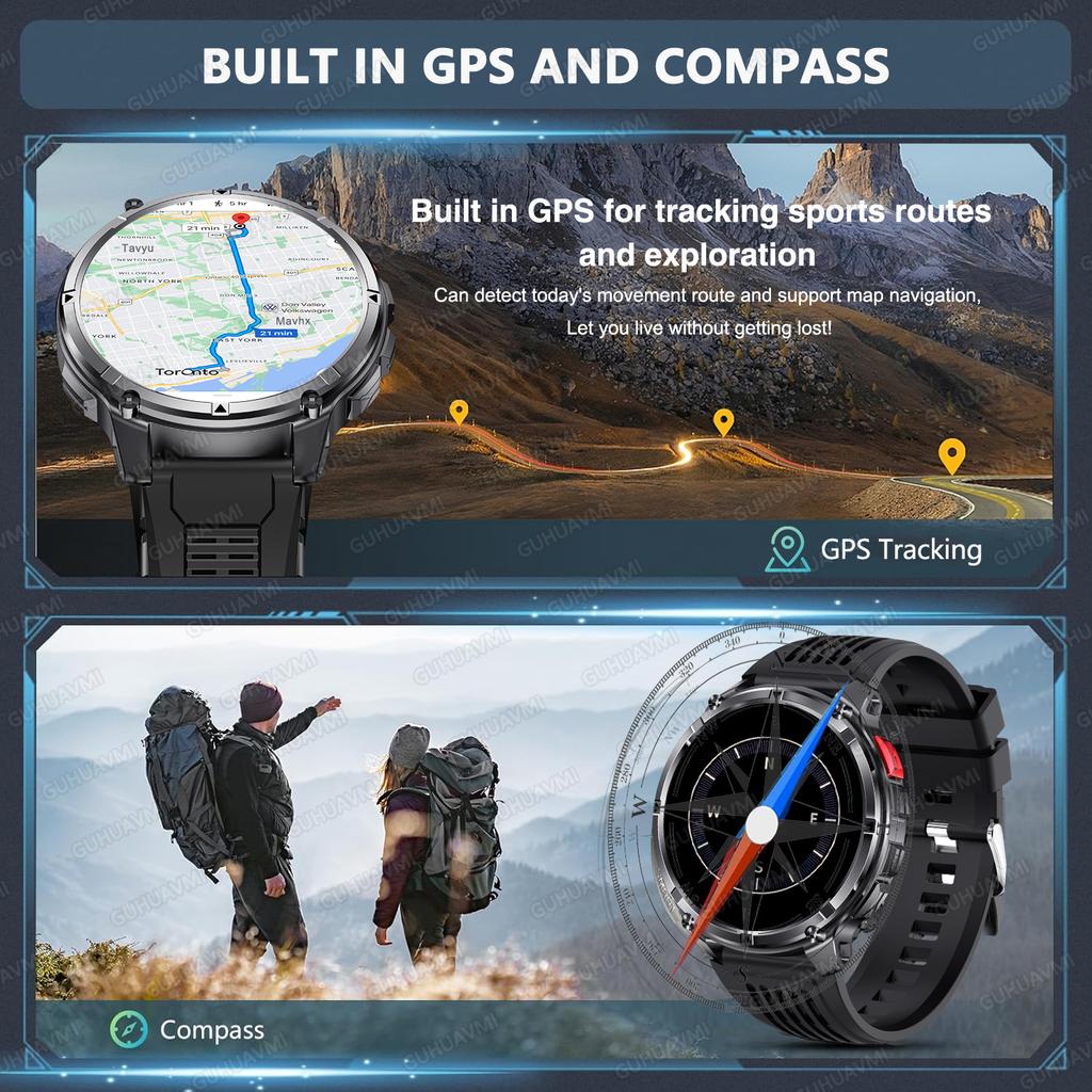 New Military Men 1100mAh Durable Battery Smart Watch With GPS Compass 10ATM Waterproof 1.7"AMOLED Screen Outdoor Swim Smartwatch