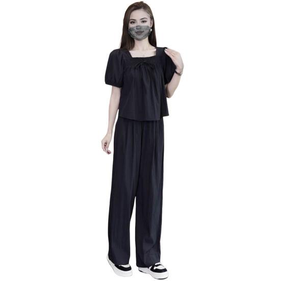 2 buc/set femei set culoare solidă fundă pătrat plisat cu mânecă scurtă top pantaloni gât top lat