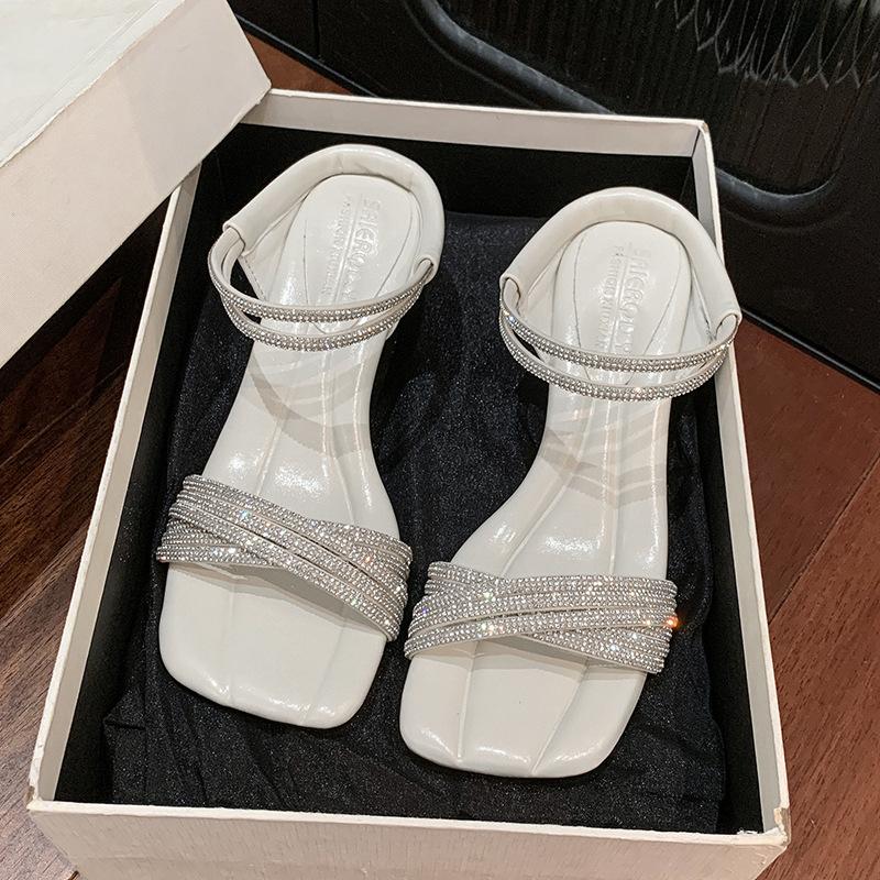 Fairy Wind French Rhinestone Word with Square Head Cool Slippers Female Summer Wear Stiletto High Heels Temperament Open-toed Sandals