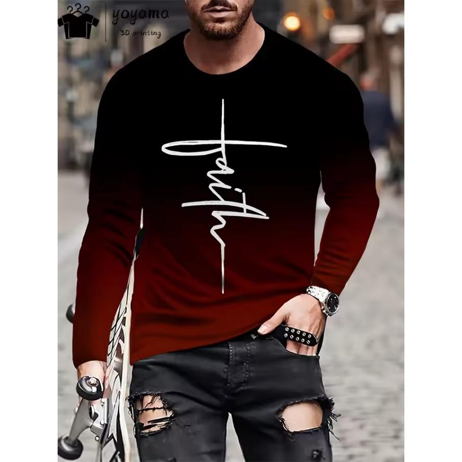 Alphabet Print Men's Clothing Round Neck Men's Long Sleeve T-shirts for Men Harajuku T shirt Men Gradient Men's Clothing