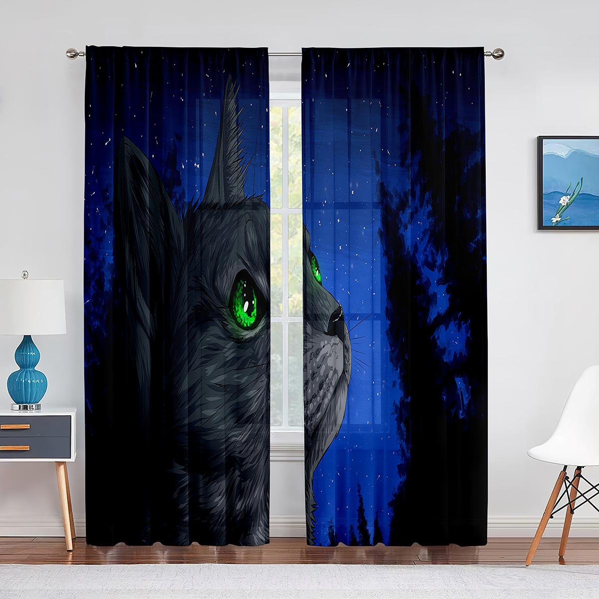 

Милые кошки космические кавайные котята тюлевые шторы для спальни, зала, гостиной, декор шифоновая прозрачная вуаль занавеска кухонные шторы 1 PCS W100XH250cm&Grommet Top