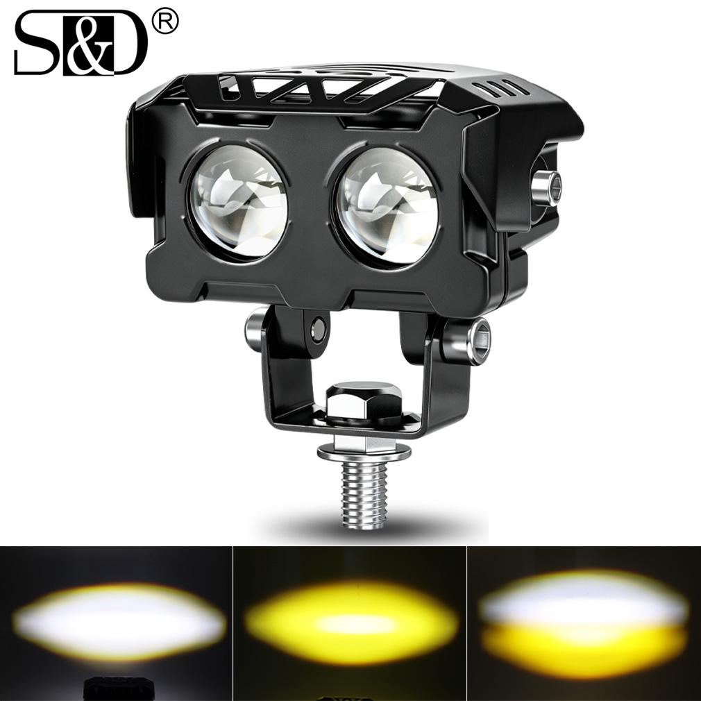 1X Universal Motorcycle LED Lens Spotlight Double Lenses Spotlight Motorcycles Auxiliary Fog Lamp Dual Color White Yellow Waterproof Light 6000K 3000K