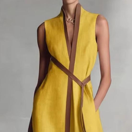 Sommer ärmelloses Kleid für Damen, lässig, Stehkragen, V-Ausschnitt, Maxikleid, fließend