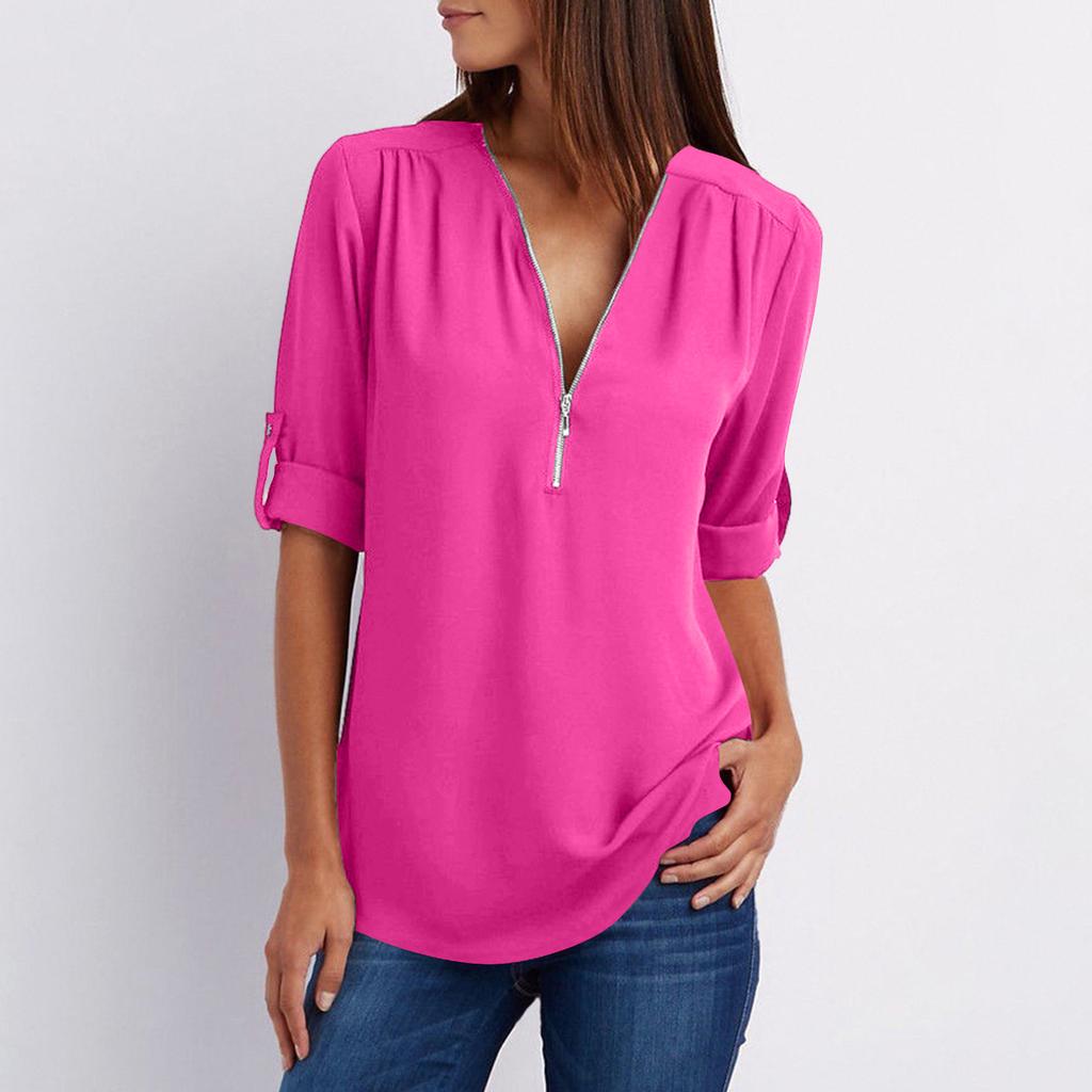 Women's Color Casual Fashion V-neck Zipper Long Sleeved Loose Chiffon Top With Adjustable Sleeves