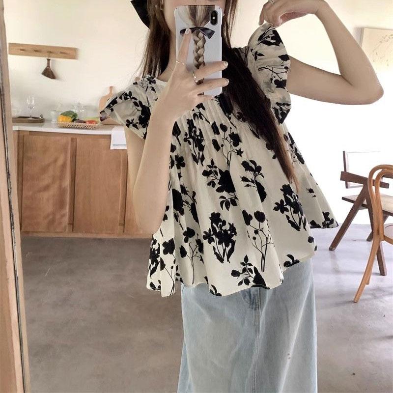 Broken Flowers Flying Sleeve Shirt Women's Clothing Loose Casual Round Neck 2024 Summer Stylish Pleated Vintage Elegant Blouse