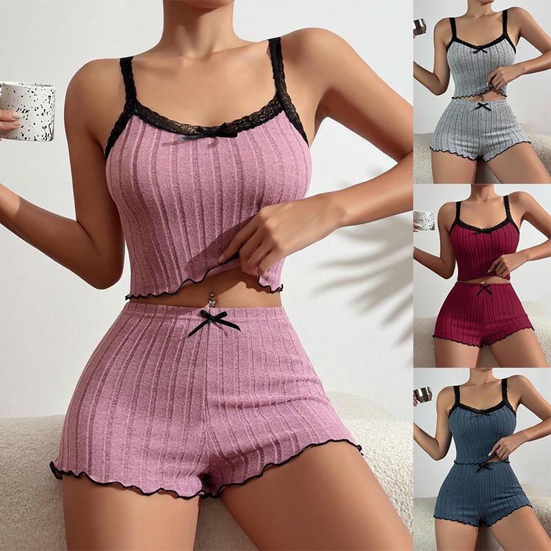 Women's Elastic Lace Trim Pajama Set - Camisole and Bowknot Shorts for Indoor/Outdoor Wear