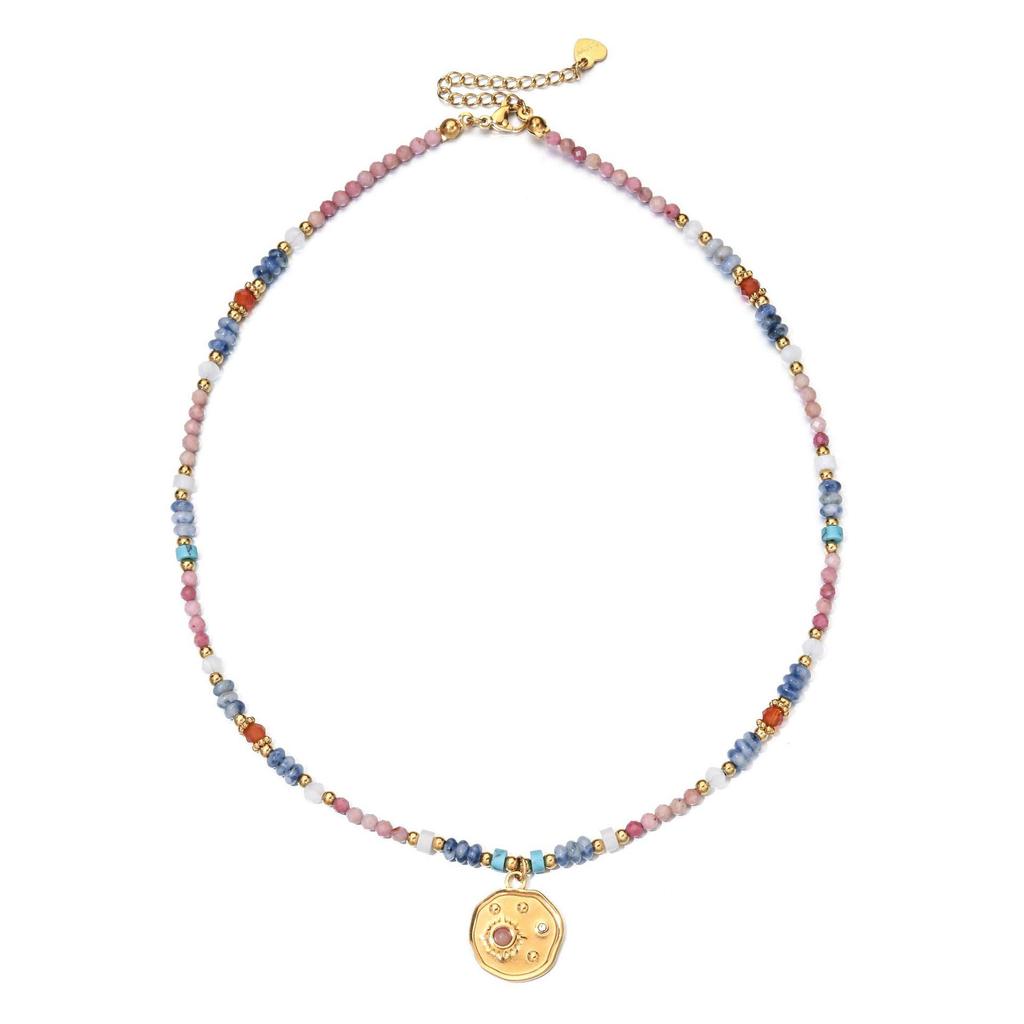 Retro French Colorful Beaded Necklace with Stainless Steel Pendant - High-End Clavicle Chain