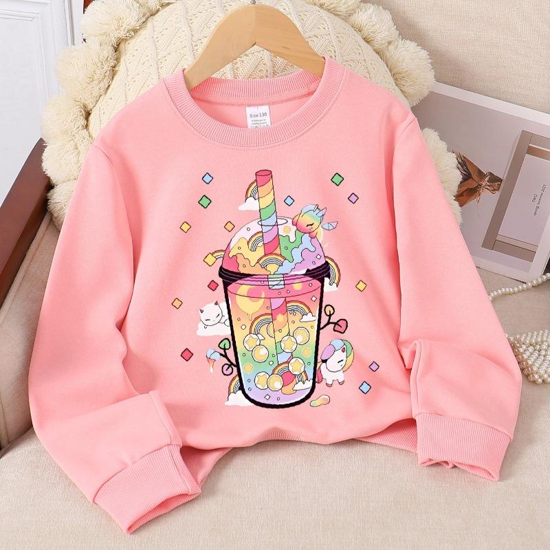 Kids Crewneck Sweatshirt, Rainbow Unicorn Bubble Tea Creative Print,Daily Casual Top for Spring & Autumn