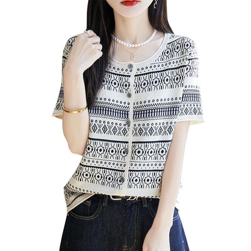 Women's Bamboo Linen Fair Isle Stripe Knit Round Neck Short Sleeve Loose Top